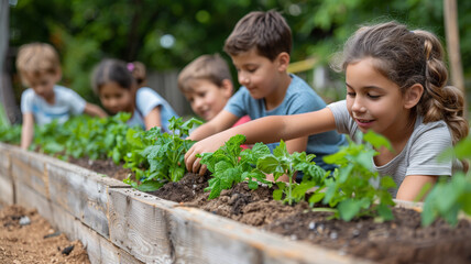 Children gardening in a raised bed with vegetable and herb plants in a 3/4 side view in a horizontal layout, in an Educational outdoor-themed, photorealistic illustration in JPG. Generative ai