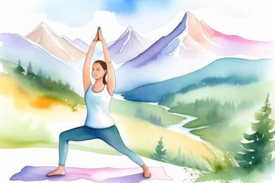 The girl is doing yoga against the background of nature - Mountains Forest and River. Drawing watercolor for the day of yoga. Free space in the photo for the inscription.