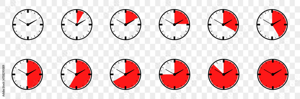Poster clock with red dial, hours icons set. time, clock and vector icons, symbol collection on transparent