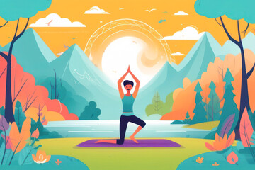 The girl is doing yoga against the background of nature. Illustration for Yoga Day. Copy Space.