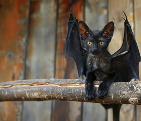 a vampire cat hanging from a tree branch with copy space