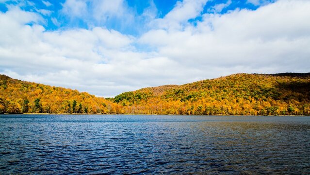 Bromont, Canada - October 14 2019: Colorful autumn view in Bromont mount in Quebec Canada