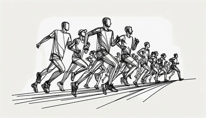 Minimalist marathon illustration, simple lines, movement, communal spirit.
