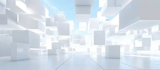 Fototapeta premium A minimalist urban design featuring a building with a facade of white cubes against a blue sky backdrop, creating a symmetrical and artistic composition in the city