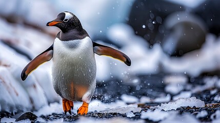 Fototapeta premium Stately Gentoo Penguin Strides Across A Pebbled Beach, Snowflakes Speckling Its Sleek Feathers