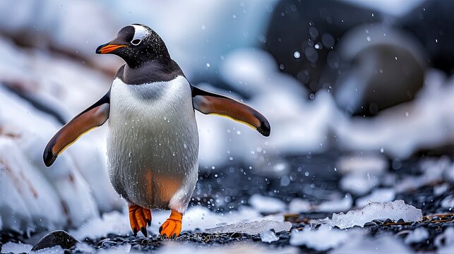 Stately Gentoo Penguin Strides Across A Pebbled Beach, Snowflakes Speckling Its Sleek Feathers