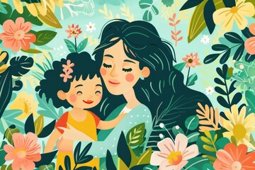 Illustration of a woman is holding a child. The scene is peaceful and happy. Mother's day concept