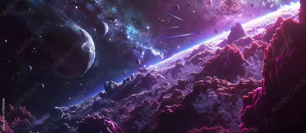Wall mural a vibrant, ultraviolet cosmic scene presenting an asteroid belt against a backdrop of bright stars a