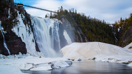 Montmorency, Canada : March 28 2018: Montmorency crystal waterfalls frozen during winter in Quebec