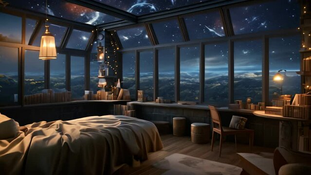 Interior of a room with a large window overlooking the night city. A room in an apartment can see the sky full of stars, AI Generated