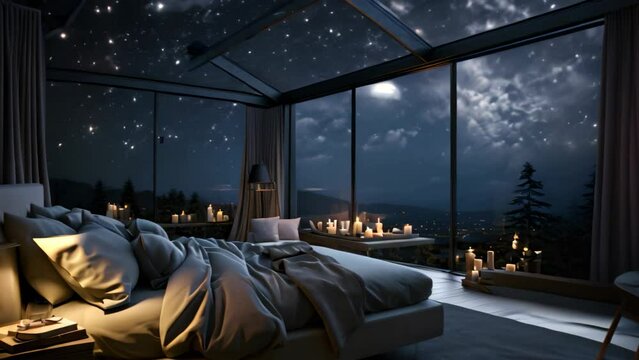 Interior of a modern bedroom at night with a view of the starry sky, A room in an apartment can see the sky full of stars, AI Generated