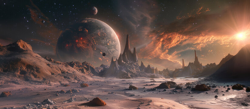 A breathtaking view of an alien landscape featuring towering spires and two giant planets looming in the sky, with a dramatic sunrise