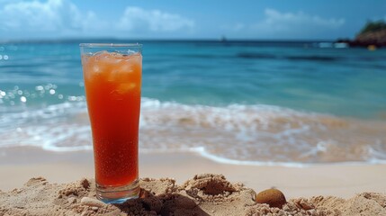 Glass of Orange Juice on Sandy Beach
