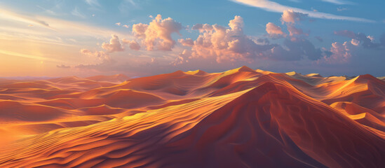 A serene and warm image capturing the rolling dunes of a desert bathed in sunset light with a cloudy sky above