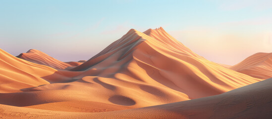 Fototapeta na wymiar A calming scene of serene desert dunes under a soft gradient of sunrise colors, invoking a peaceful solitude