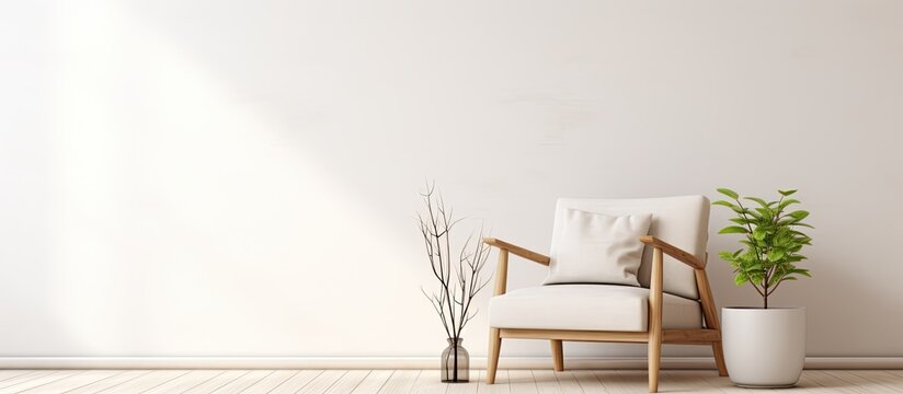 Fototapeta A cozy living room with a wooden chair and a lush plant placed on a table in front of a white wall. The room is filled with art and has hardwood flooring