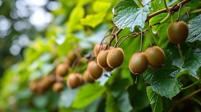 An Image Showcasing a Kiwi Vine Laden with Ripe Fruit: Nature's Abundance Hanging in Green Cascades.
