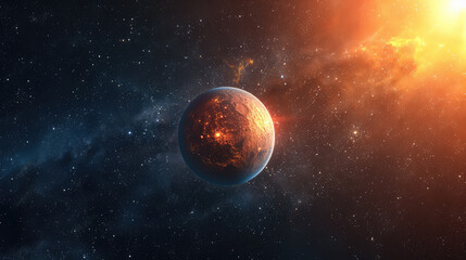 Obraz na płótnie Canvas A stunning visual of a vibrant, orange planet set against the backdrop of a star-filled cosmic scene, radiating a fiery glow near a sun