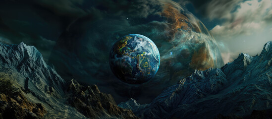 An evocative view of Planet Earth against a dramatic space backdrop with mountains in the foreground