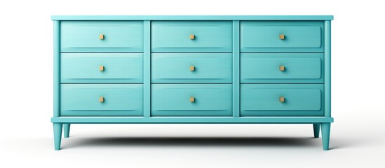 A rectangular blue dresser with nine drawers made of hardwood, featuring a wood stain finish. The piece of furniture stands against a white wall