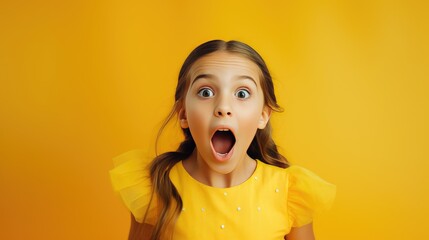 A surprised young girl, excitedly opens her mouth, stands on a yellow background. Long beautiful hair is developing.