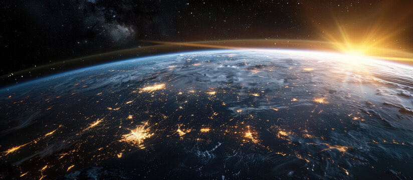 Stunning high-resolution image capturing the moment of sunrise over the illuminated cities of planet Earth from space