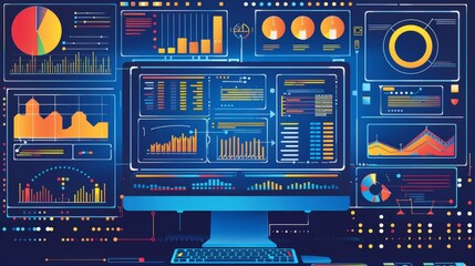 An illustration of a computer screen displaying charts and graphs, representing the concept of business analytics and data visualization