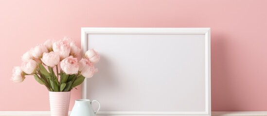 A flower vase and a picture frame sit on a table in front of a pink wall. The delicate petals add a pop of color to the rooms decor