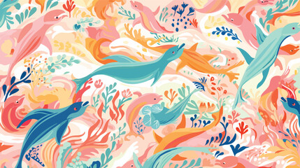 Fototapeta na wymiar A vibrant pattern of mermaids swimming with dolphin