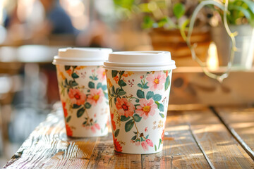 two floral printed paper coffee cups on a rustic wooden table with morning sunlight