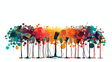 A vibrant pattern of microphones and speakers repre