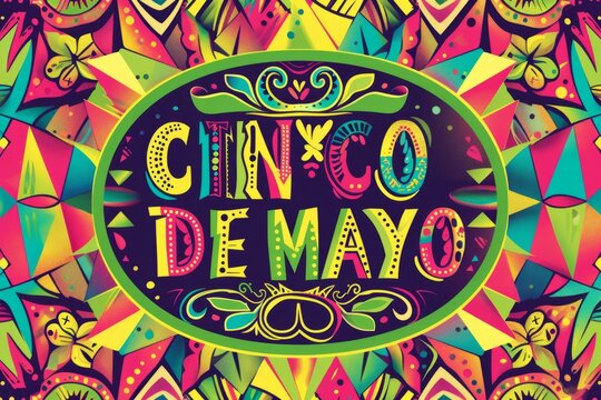"CINCO DE MAYO". An environmental design illustration vector design is in the center of an ornamental geometric frame, using vibrant colors in a festive mood Generative AI