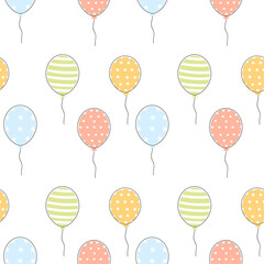 Seamless pattern with party balloons of different colors and ornaments. Vector pattern balloons on white background, flat style.