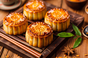 Traditional Chinese  dessert. Homemade baked mooncakes filled with nuts and dried fruits, Chinese...
