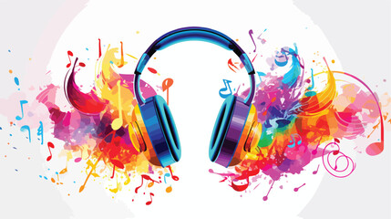 A vibrant pattern of musical notes and headphones f - obrazy, fototapety, plakaty