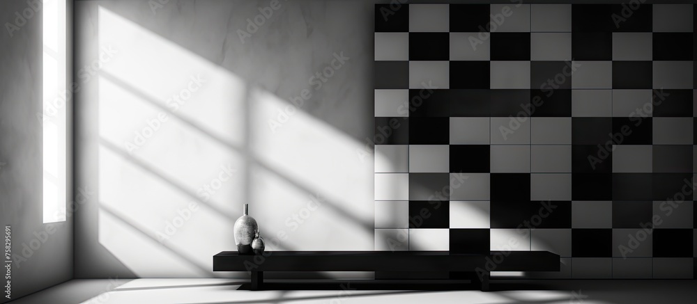 Sticker a blackandwhite photo of a living room with a checkered wall, showcasing symmetry and parallel lines