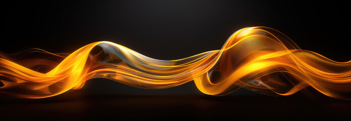 The image showcases an abstract light ribbon in golden hues that curves and twists, resembling flowing silk, set against a dark background for contrast