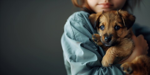 A puppy in its owner's arms - obrazy, fototapety, plakaty