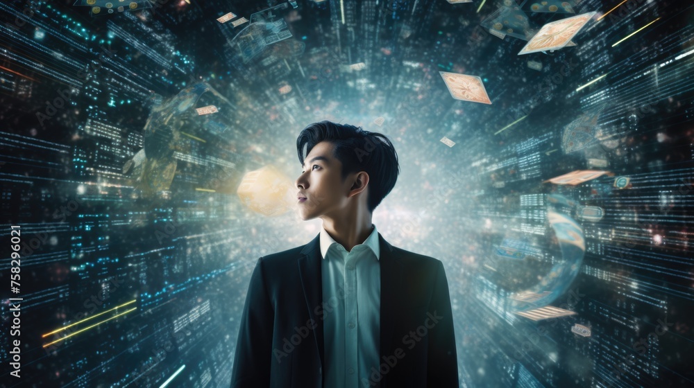 Poster tech analyst study cyber data chart from corporate system for statistical analytic defining marketin