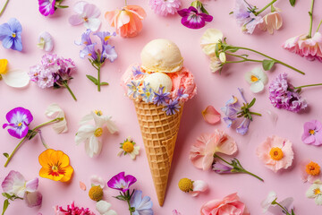 Over head of gourmet ice cream cone among vibrant spring flowers on pastel pink