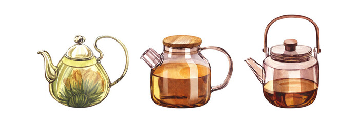 Set glass teapot with infuser and flowering tea, black tea with lemon and citrus. Watercolor hand-drawn illustration isolated on white background. Perfect for recipe lists with drinks for cafe