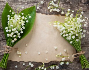 Lilies of the valley surrounding an old, yellowed sheet of paper. Romantic, spring, floral background with space for text - obrazy, fototapety, plakaty