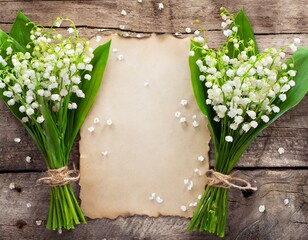 Lilies of the valley surrounding an old, yellowed sheet of paper. Romantic, spring, floral...