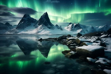 Room darkening curtains Reflection A breathtaking view of the Northern Lights over snow-covered mountains, reflected in crystal clear waters, creating an otherworldly landscape. Generative AI
