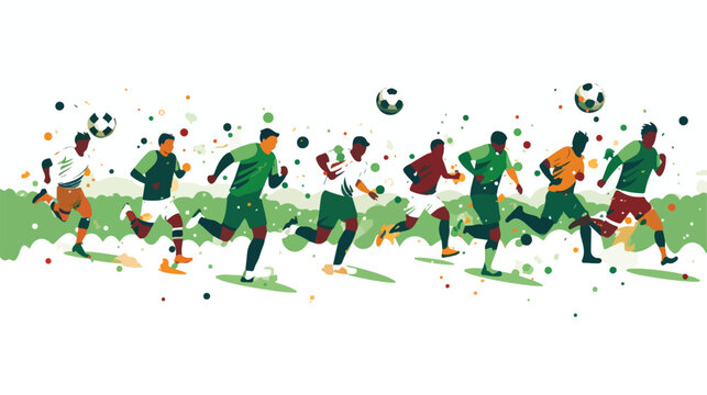 A vibrant pattern of soccer balls and players kicki