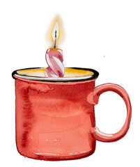 Red cup with candle illustration. Watercolor Christmas candlw painting.
