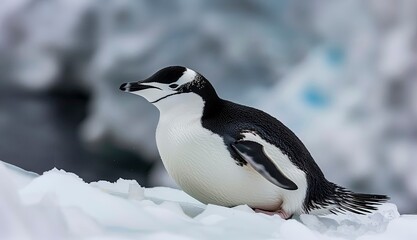 Obraz premium Chinstrap Penguin Lies Gracefully On Pristine Snow, Iconic Black Headband With The Soft Whites