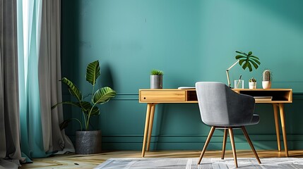 Home workplace with wooden drawer writing desk and grey fabric chair near turquoise wall with copy space. Interior design of modern scandinavian home office.