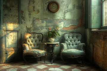 Grunge corner in an empty apartment abandoned place: scratched walls, two ancient worn armchairs near a cast iron table with a potted plant still alive