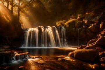 A magical scene of a waterfall illuminated by the golden light of sunrise, casting a warm glow over the surrounding landscape